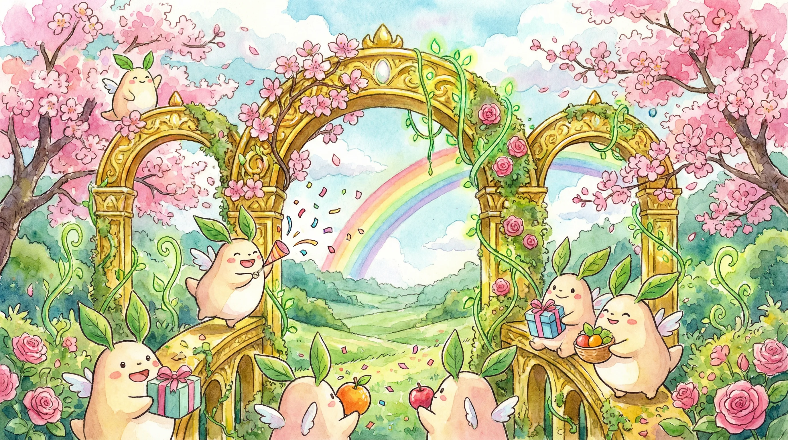 Portal de boas-vindas mágico com espíritos oferecendo presentes e arco-íris